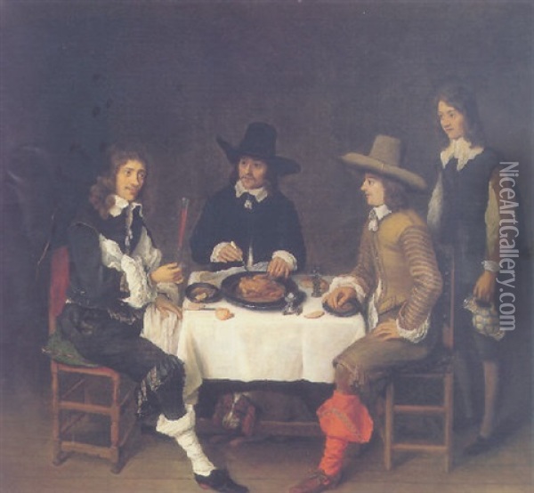 Three Men At Dinner With A Servant Nearby Oil Painting - Philips Koninck
