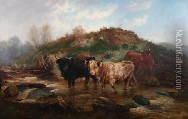 Highland Cattle At A Stream Oil Painting - Wilson Hepple