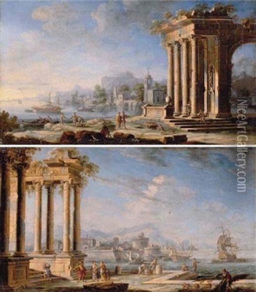 Italianate Coastal Landscapes With Figures By Classical Ruins And Shipping Off The Shore Oil Painting - Gennaro Greco