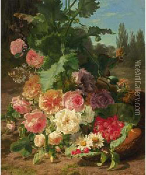 A Still Life With Flowers And Fruit In A Landscape Oil Painting - Geraldine Jacoba Van De Sande Bakhuyzen