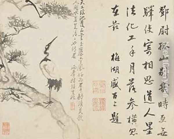 Landscapes Flowers and Birds Crane on pine Qing Dynasty 1780 Oil Painting - Ping Luo