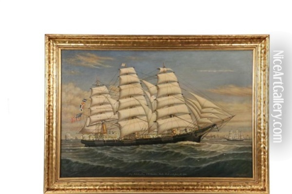 Marine Portrait Of The Ship 'p.r. Hazeltine, E.h. Harriman, Master, Built At Belfast, Maine 1876' Oil Painting - Percy A. Sanborn