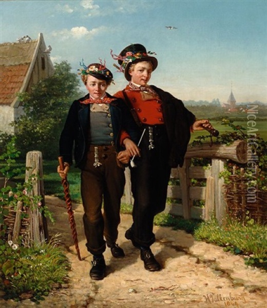 Two Brulfteneugers Leaving A Farmhouse Oil Painting - Hendrik Valkenburg
