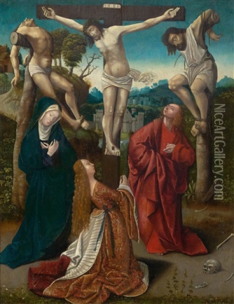 The Crucifixion With Mary, Saint John And Mary Magdalene Oil Painting - Jacob Cornelisz Van Oostsanen
