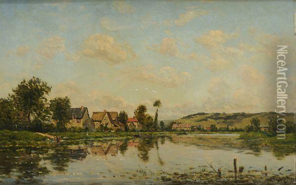 Village En Bord D'etang Oil Painting - Hippolyte Camille Delpy