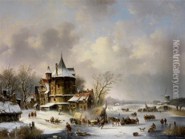 Figures On A Frozen Waterway With Townscape Oil Painting - Jacobus Van Der Stok