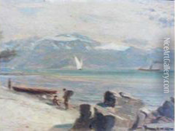 Barque Et Bateau A Vapeur Sur Le Leman Oil Painting - Auguste Louis Veillon