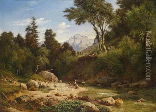 Young Anglers By The Stream Oil Painting - Ludwig Halauska
