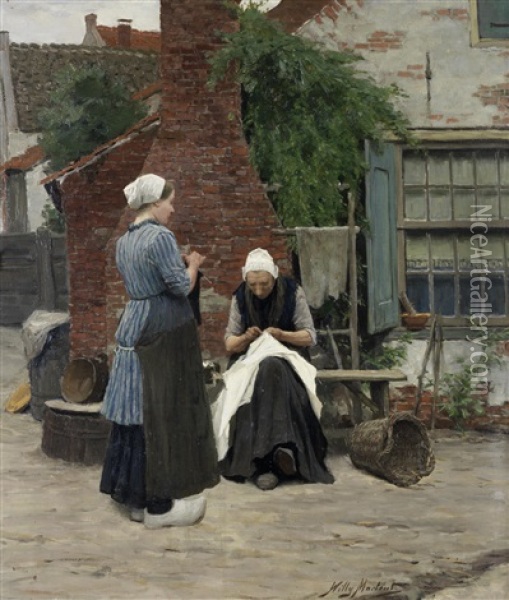 Sewing And Knitting In The Courtyard Oil Painting - Willy Martens