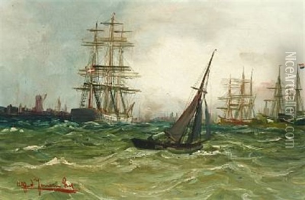 Seascape With Numerous Sailing Ships Outside A Port Oil Painting - Alfred Serenius Jensen