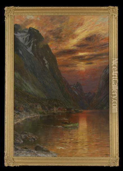 Fjord At Sunset Oil Painting - Jacob Holmstedt