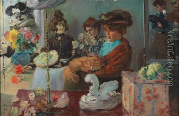 At The Milliner Oil Painting - Pierre Georges Jeanniot