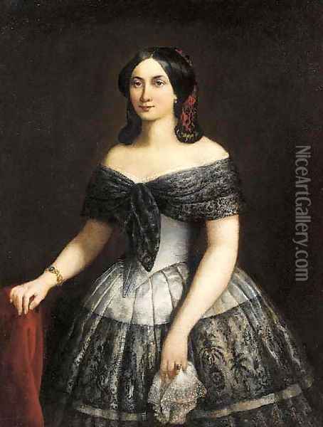 Portrait of a lady, half-length, wearing a silk and lace trimmed dress Oil Painting - Spanish School