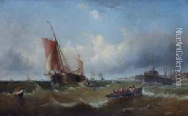 French Coastal View With Shipping Oil Painting - John Cheltenham Wake