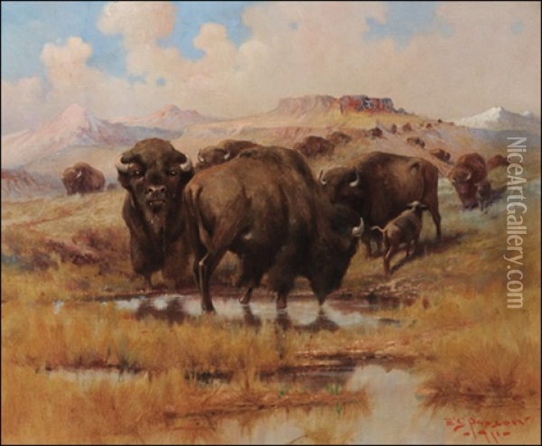 Buffalo At A Watering Hole Oil Painting - Edgar Samuel Paxson