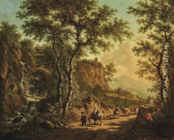 A Mountainous River Landscape 
With A Drover And His Cattle, Travellers On A Track, A Waterfall Beyond Oil Painting - Jan Both