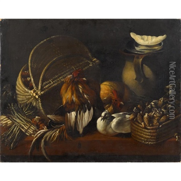 Roosters With Baskets And Earthenware Vessel Oil Painting - Jacob van der Kerckhoven