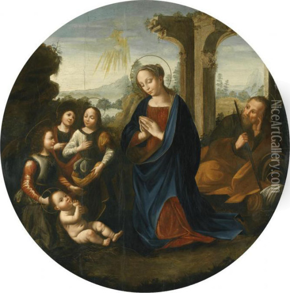 The Holy Family Before A Landscape Oil Painting - Lorenzo Di Credi
