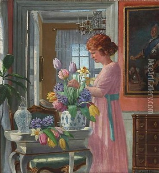 Interior With A Women And Flowers Oil Painting - Adolf Heinrich Claus Hansen