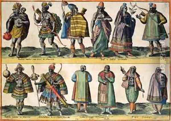 North American Indians, Indian and Oriental Costumes, South American Indians and African and Moorish Costumes, from 'Costumes of Different Nations of Europe, Asia, Africa and America' Oil Painting - Abraham de Bruyn