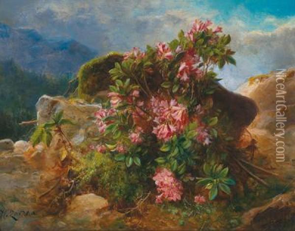Alpine Roses In Styria Oil Painting - Hans Zatzka