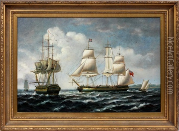 Sailing Vessels On Open Seas Oil Painting - Erik Nielsen