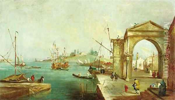 A capriccio of the Venetian lagoon with a triumphal arch Oil Painting - Venetian School