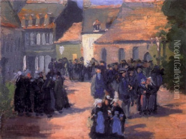 Figures And Nuns On A Village Street Oil Painting - Harriette Bowdoin