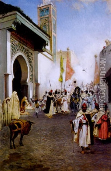 Le Cortege Du Pacha De Tanger Pres De La Grande Mosquee Oil Painting - Jean Joseph Benjamin Constant