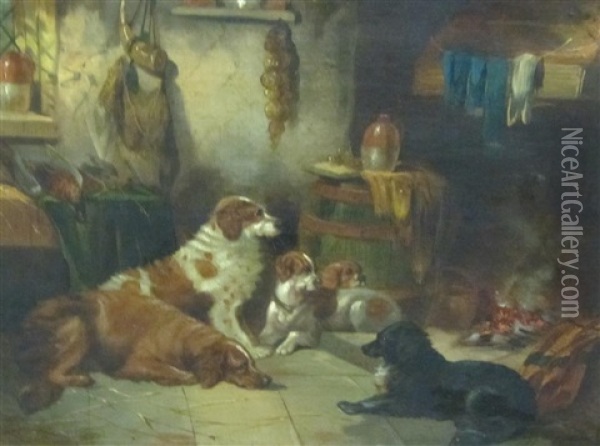 Dogs Resting By A Fire Oil Painting - George Armfield