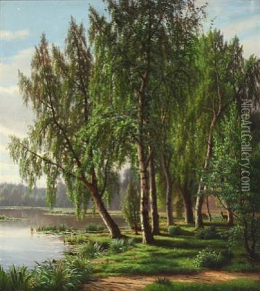 Forrest With A Lake And Dears Oil Painting - Eiler Rasmussen Eilersen