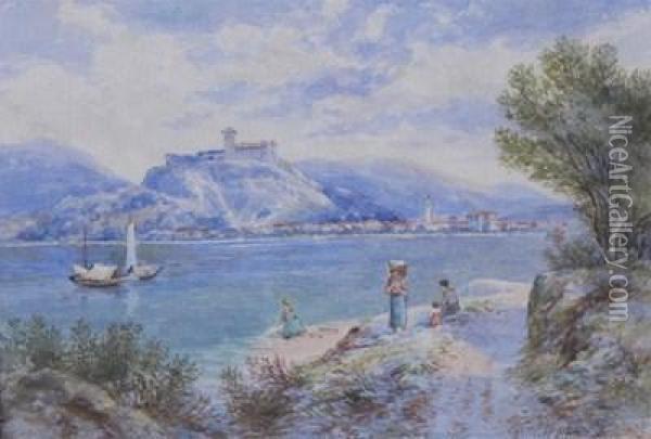 View Of A Lakeside Town And Castle On The Italian Or Swiss Lakes Oil Painting - Charles Rowbotham