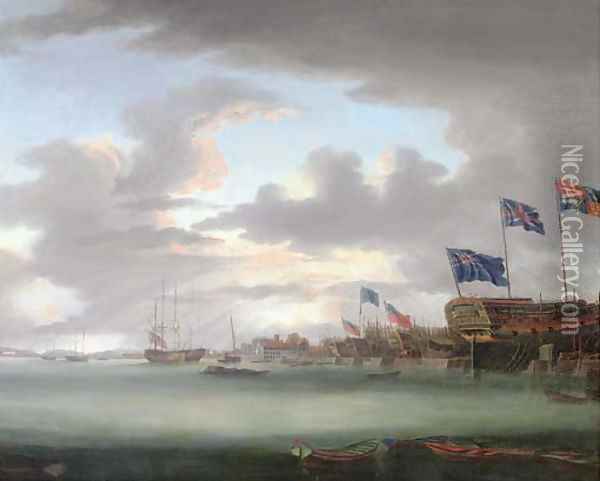 A view of Blackwall, with part of the Dockyard, at the launching of the Bombay Castle, 74 guns, built at the expense of the Hon. East India Company Oil Painting - Robert Dodd
