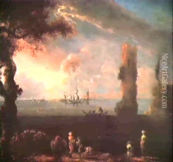Paesaggio Marittimo Con Imbarcazioni, Ruderi E Figure Oil Painting - Jan de Momper