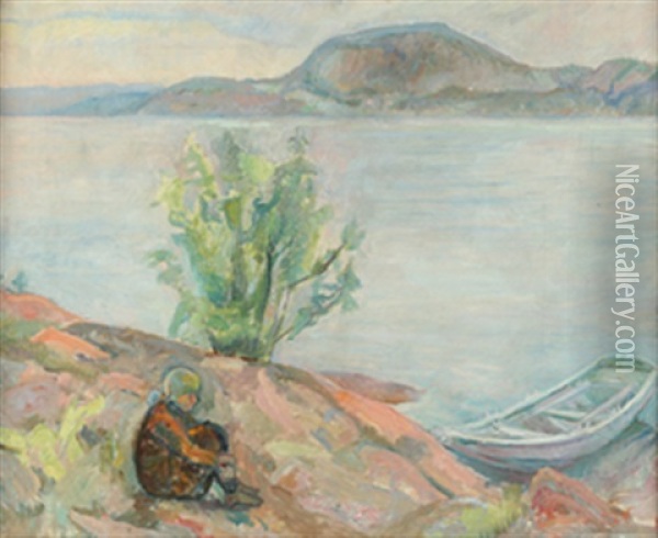 Kystlandskap Med Sittende Pike Og Robat Oil Painting - Oluf Wold-Torne