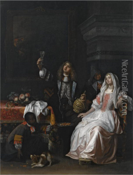 An Elegant Couple Drinking In An Interior, Together With A Servant Offering Biscuits And An Elderly Woman Oil Painting - Regnier de La Haye