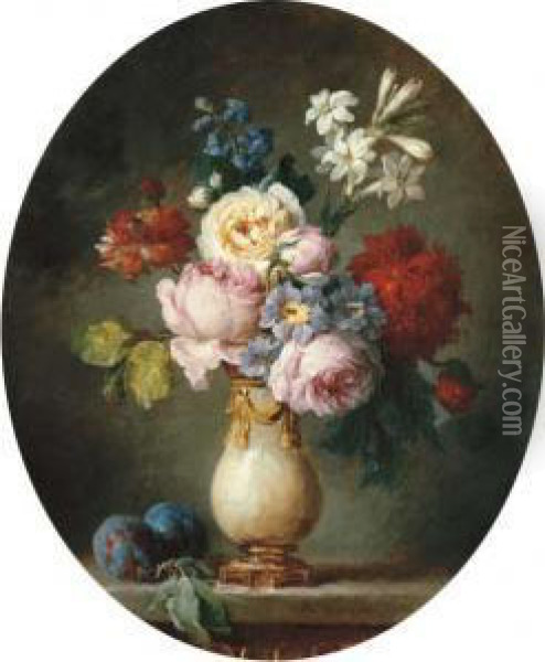 A Vase Of Flowers And Two Plums On A Marble Tabletop Oil Painting - Anne Vallayer-Coster