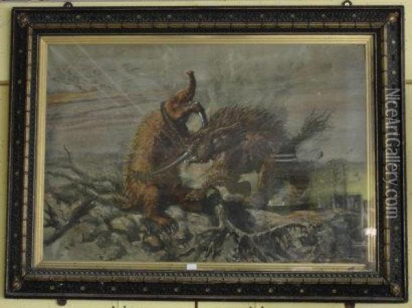 Encounter Between 2 Pre-historic Animals Oil Painting - Ernest Henry Griset