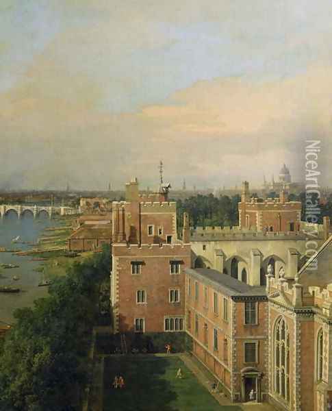 View of the Thames and Westminster Bridge, detail of Lambeth Palace, c.1746-47 Oil Painting - (Giovanni Antonio Canal) Canaletto