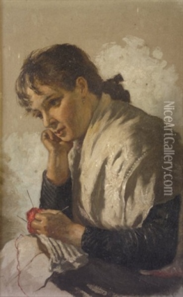 Pensive Thoughts - Young Girl With Knitting Oil Painting - James Brenan