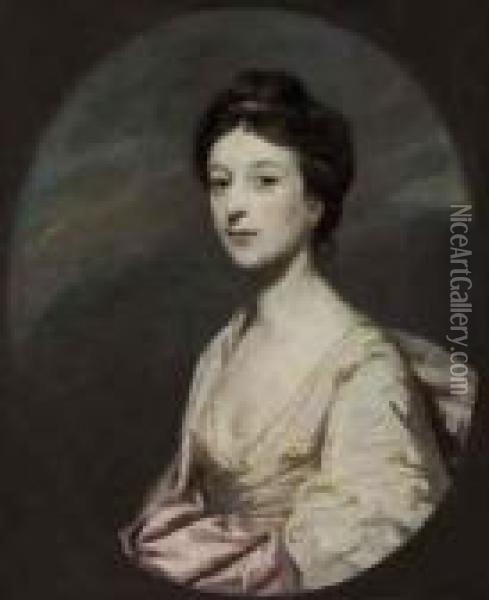 Portrait Of Miss Taylor, 
Daughter Of Archdeacon John Taylor,half-length, In A White Dress With A 
Pink Shawl, In A Feignedoval Oil Painting - Sir Joshua Reynolds