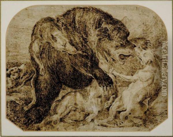 Dogs Bringing Down Grizzly Bear Oil Painting - Frans Snyders