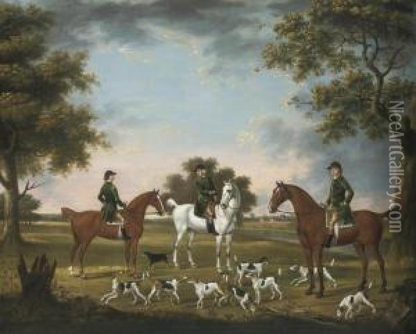 Huntsmen And Hounds In A Wooded River Landscape Oil Painting - Thomas Stringer