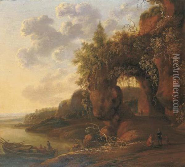 A Mountainous River Landscape 
With Travellers On A Path In Theforeground By A Moored Boat Oil Painting - Jan Gabrielsz. Sonje