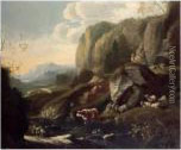 A Rocky Landscape With A 
Shepherd Family Resting With Their Flock, Another Shepherd Travelling 
Below Oil Painting - Johan Heinrich Roos