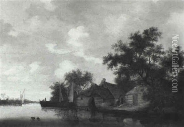 Thatched Cottages By A River With Figures In Boats Oil Painting - Salomon van Ruysdael