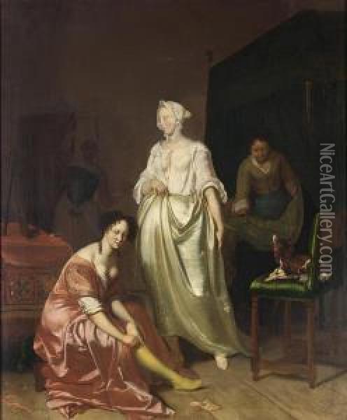 An Interior With Two Elegant Ladies Making Their Toilet 

 Together With A Maid Making The Bed And A Dog On A Chair Oil Painting - Jacob Ochtervelt