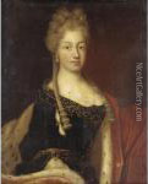 Portrait Of A Lady, Half Length,
 Wearing A Blue Dress And Ermine Gown Said To Be Maria Luisa Of Savoy 
(1688-1714) Oil Painting - Francois Lemoine (see Lemoyne)