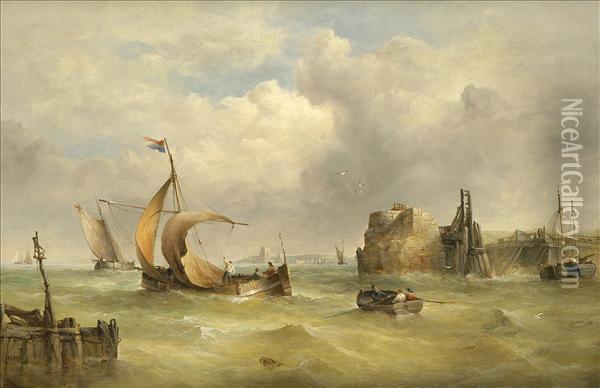 Dutch Sailingbarges At The Entrance To A Harbour Oil Painting - Henry King Taylor