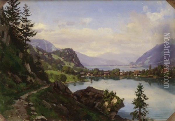 Iseltwald (+ Gebirgslandschaft; Pair) Oil Painting - Jean Philippe George-Julliard